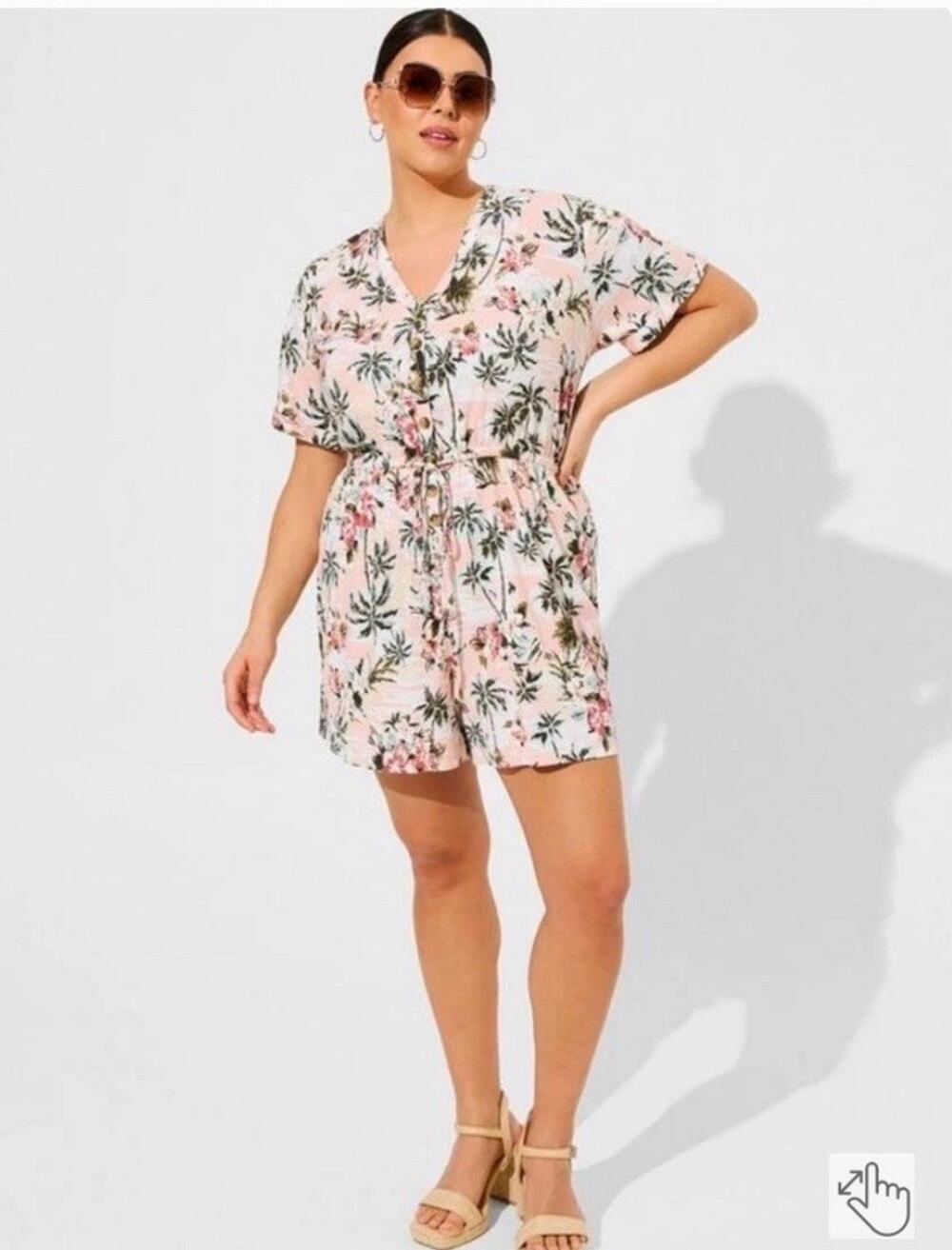 Torrid Slub Tropical Palm print Button Front Romper Size 2X Cream Multi